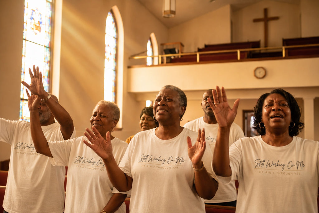 Congregation with hands raised in praise, wearing Still Working On Me tees